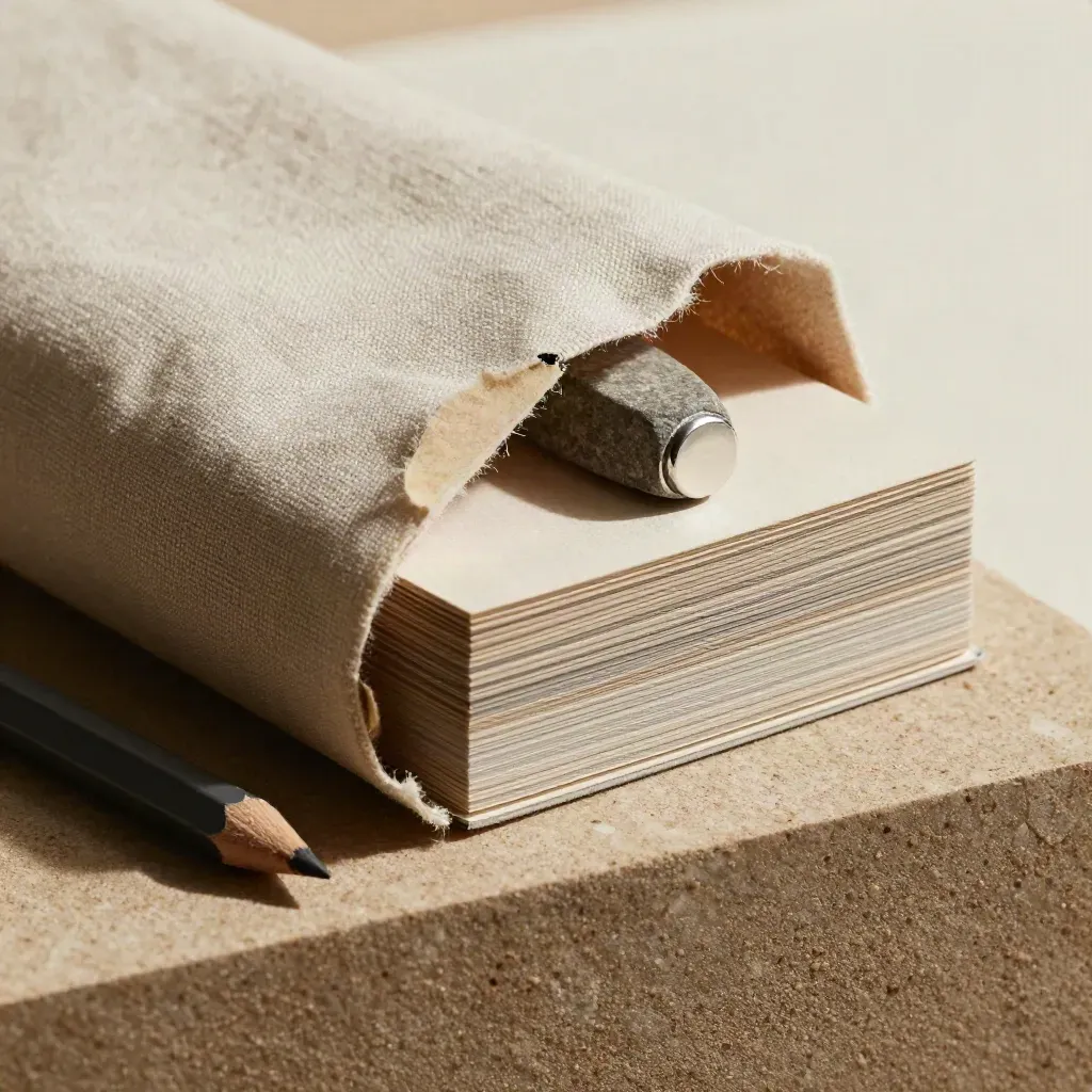 Macro of a sand-coloured process review pack with peeled cloth wrap, pencil stub and stone block.