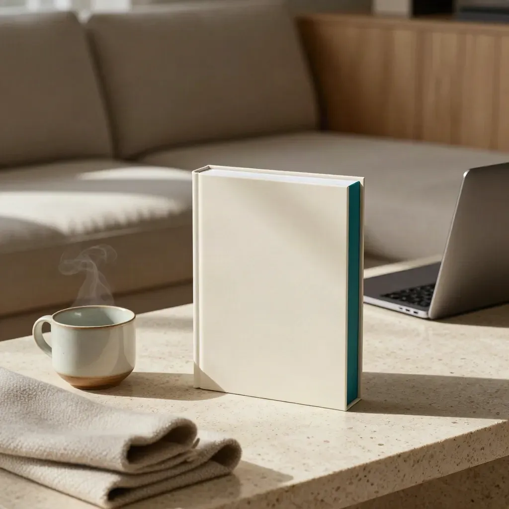 Matte ivory strategy pack beside cup, throw and laptop in a lounge corner