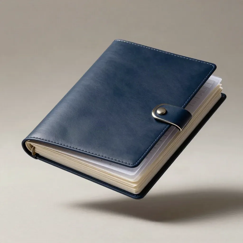 Floating navy change-map folder with translucent overlays and metal clasp on a pale studio field.