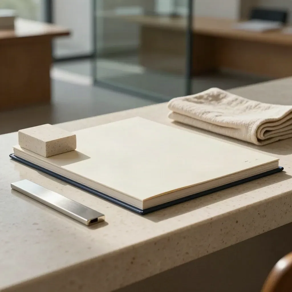 Consultancy pricing review kit on travertine with ivory board, stone block, cloth, and silver clip.