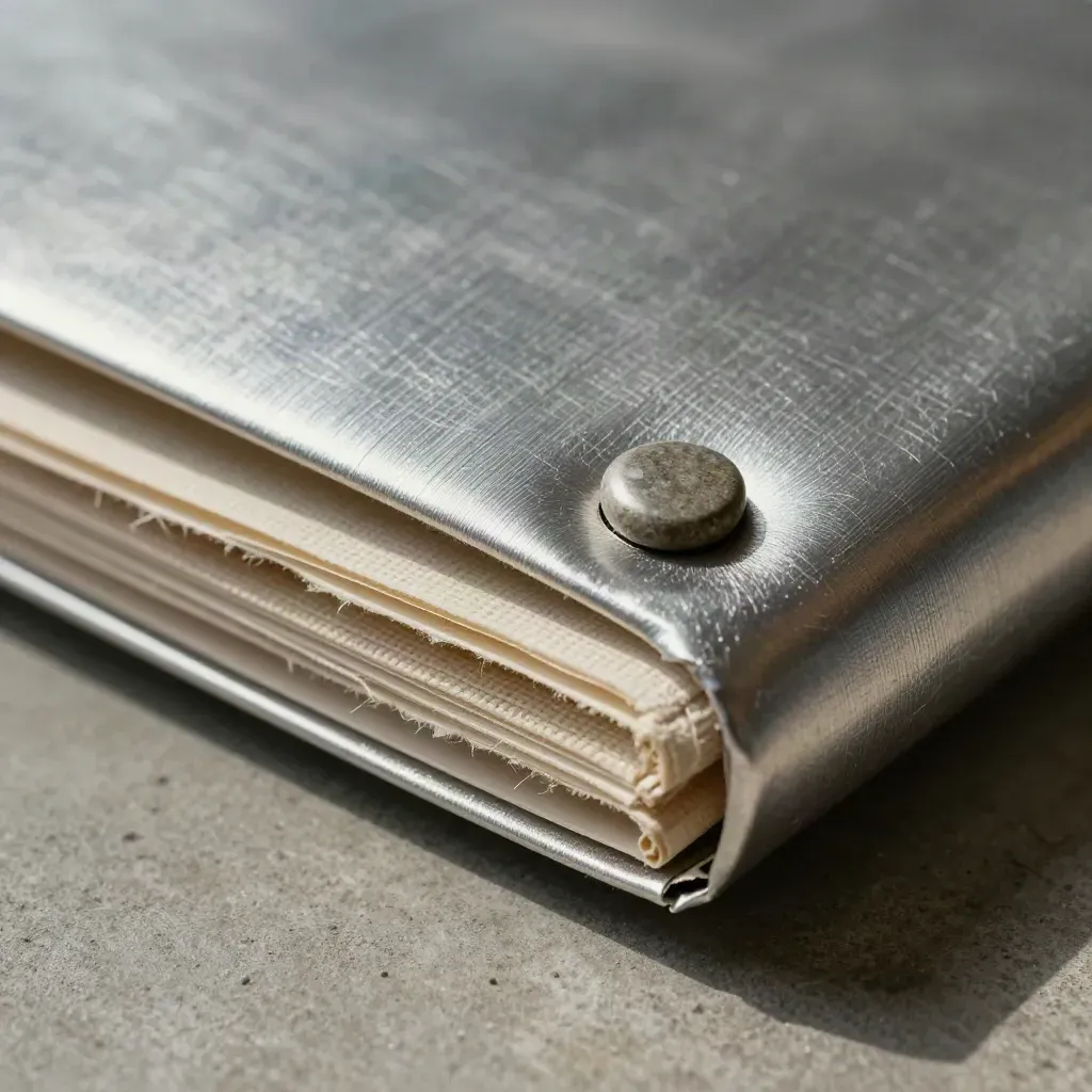 Macro of a brushed silver ops checklist pack with canvas sleeve and stone weight on concrete.
