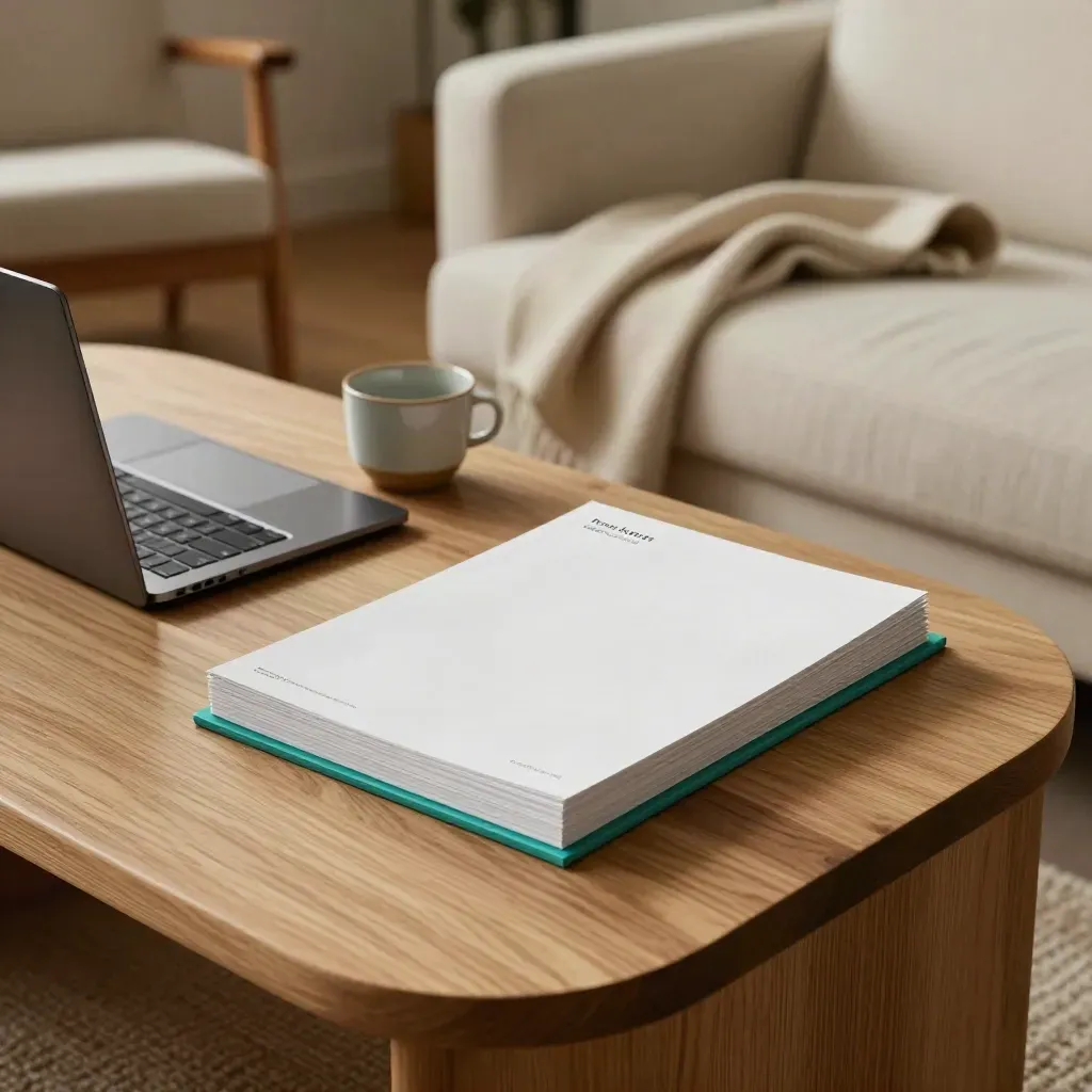 Workshop kit on an oak side table beside a laptop, cup and wool throw in a lounge corner.