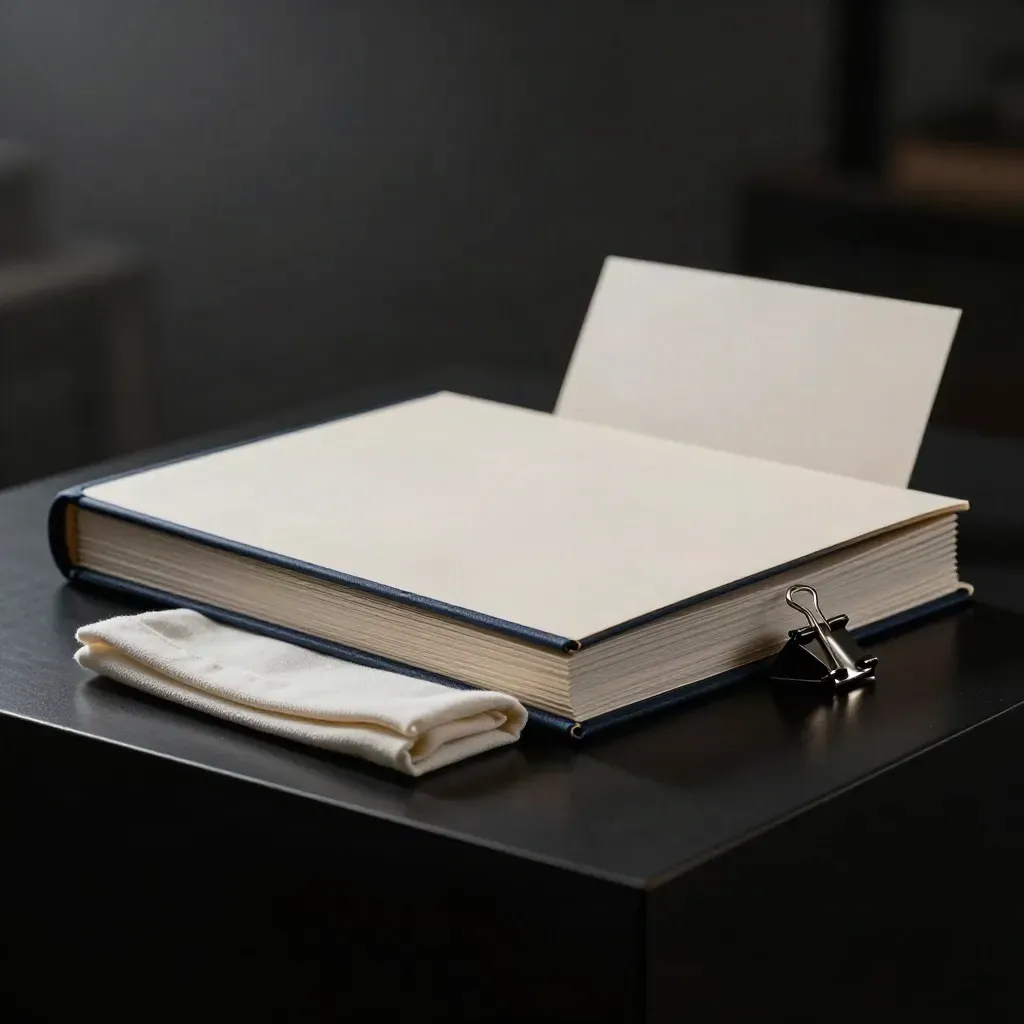 Ivory strategy bundle with navy sleeve, cloth, and silver clip on a dark plinth.