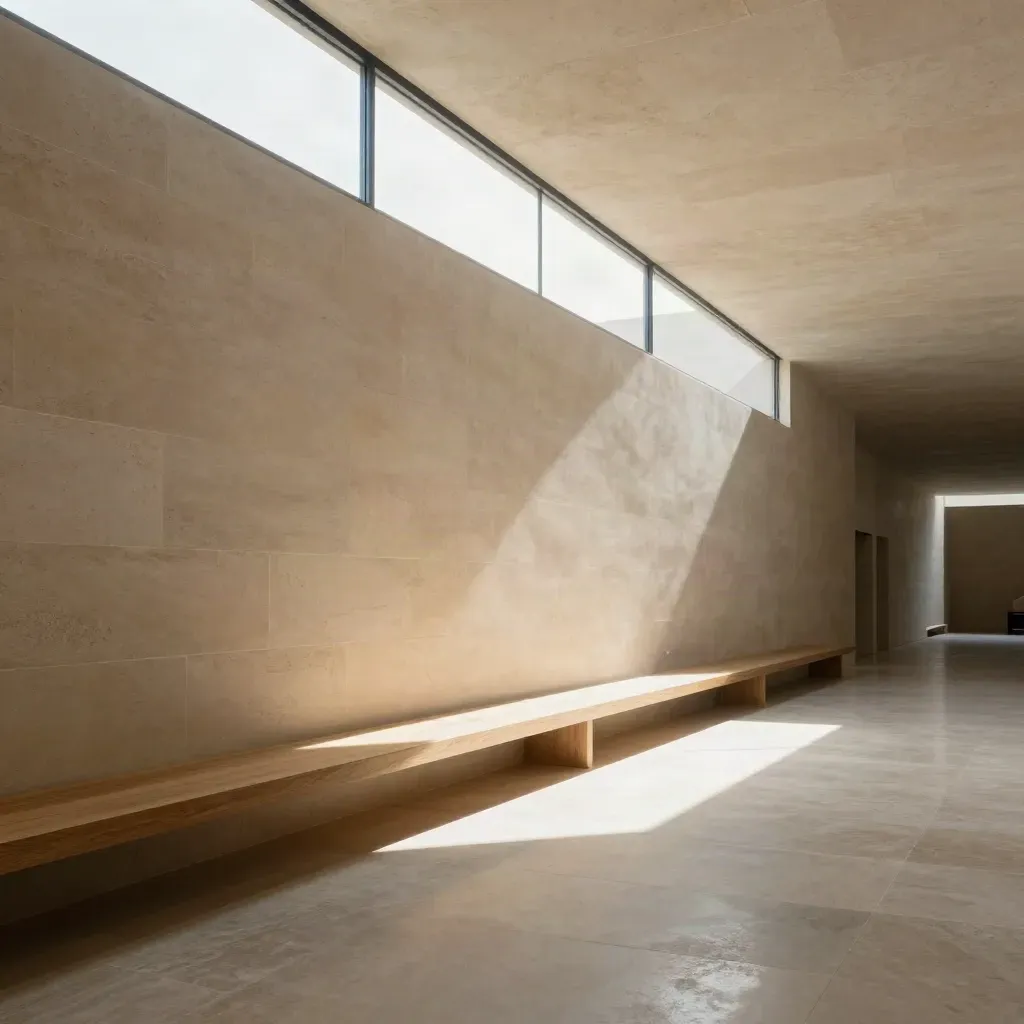 Sunlit limestone atrium with pale oak bench, high glazed opening, and calm open floor space.