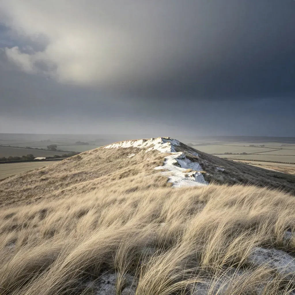 Chalk ridge overlook with pale grass, distant fields and rolling cloudbank over calm misty land.