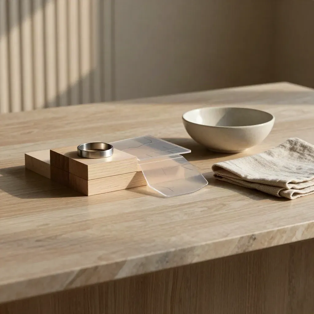 Marble-and-wood strategy tabletop with abstract research materials, ribbed screen and ceramic bowl.
