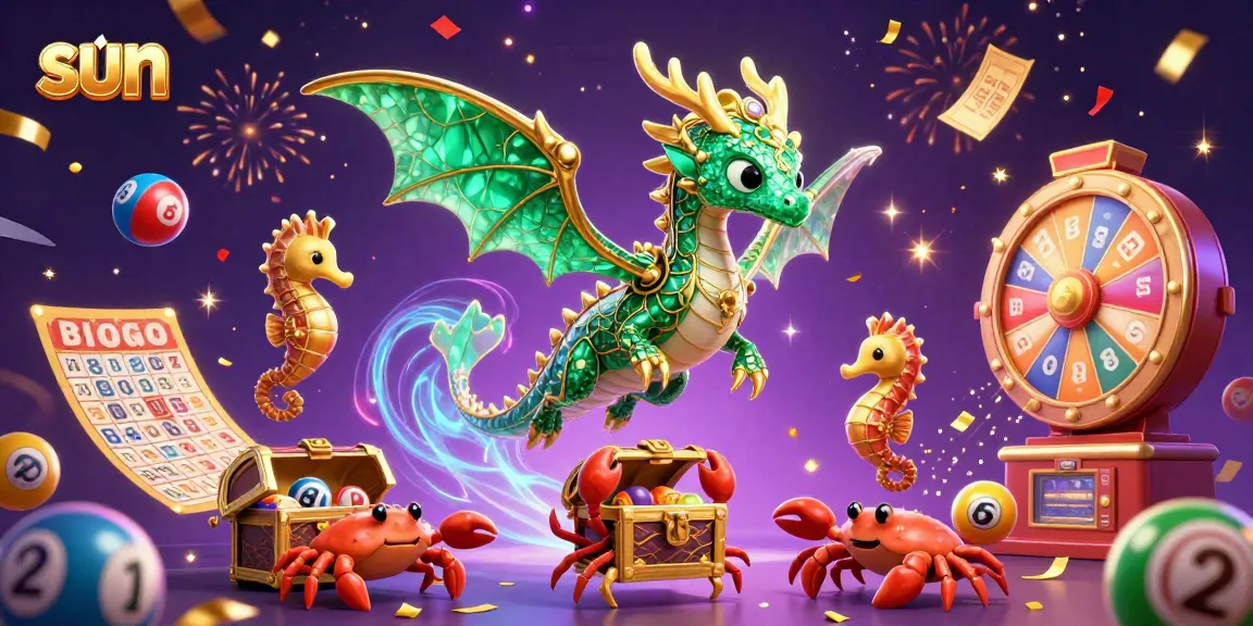 Join the sun gaming experience with a vibrant illustration of a sea dragon and dynamic lottery elements.