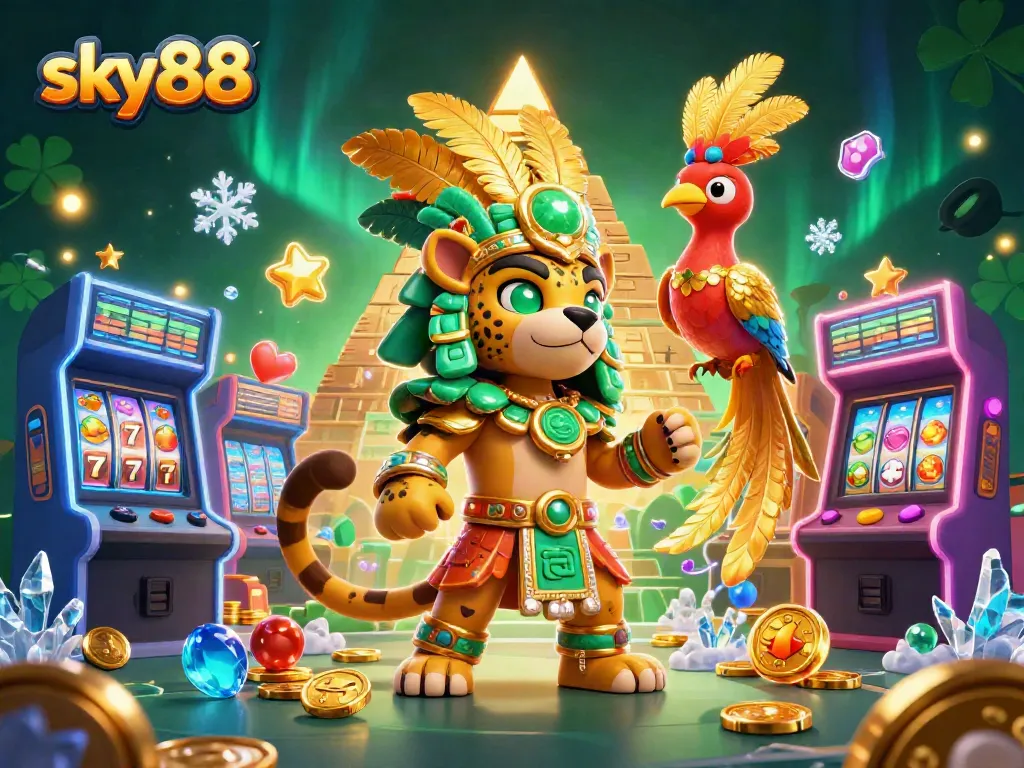 Engage in sky88's thrilling slots adventure with a dynamic, colorful scene full of excitement.