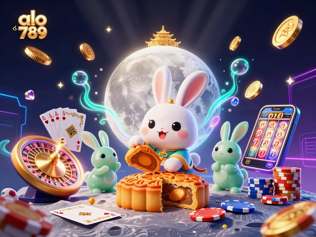 Engage with alo 789 as a moon rabbit reveals poker chips from mooncakes in a dynamic casino scene.