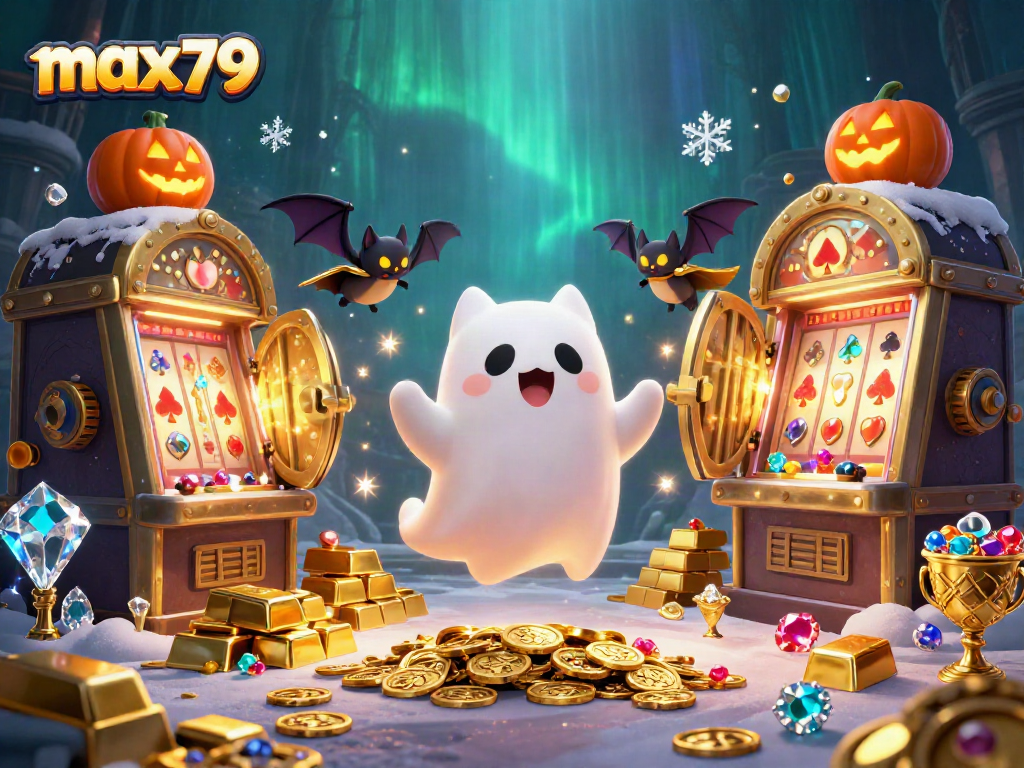max79 casino scene featuring a ghost cat, treasure, and glowing jack-o-lanterns