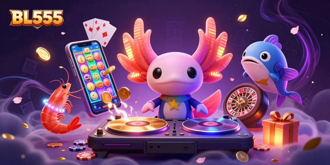 Experience BL555 with a vibrant underwater casino scene featuring an axolotl DJ and energetic characters.