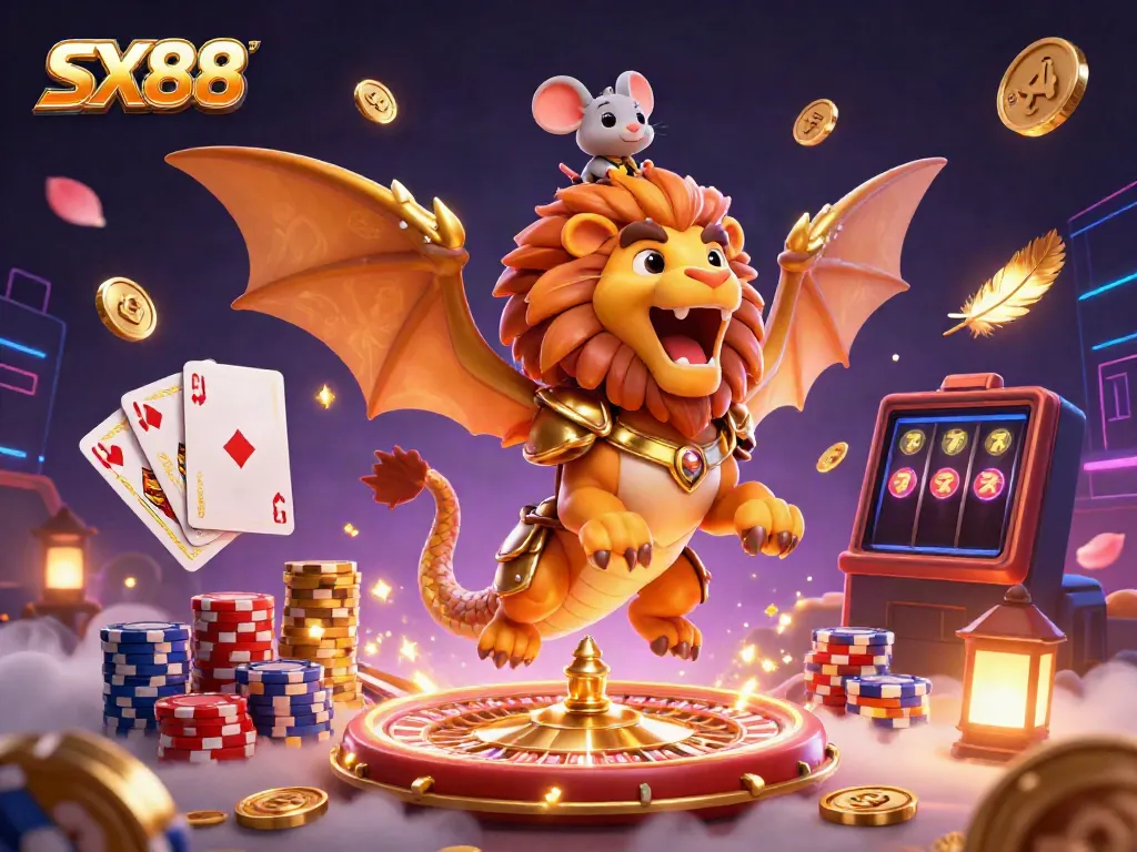 SX88 casino scene involving a majestic chimera with golden armor amidst dynamic game elements.