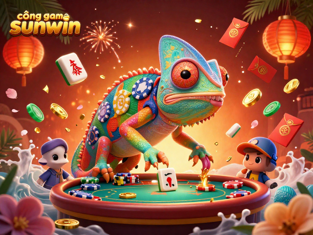 Experience the thrill of cổng game sunwin with a dynamic chameleon casino owner capturing wins in vibrant 3D.