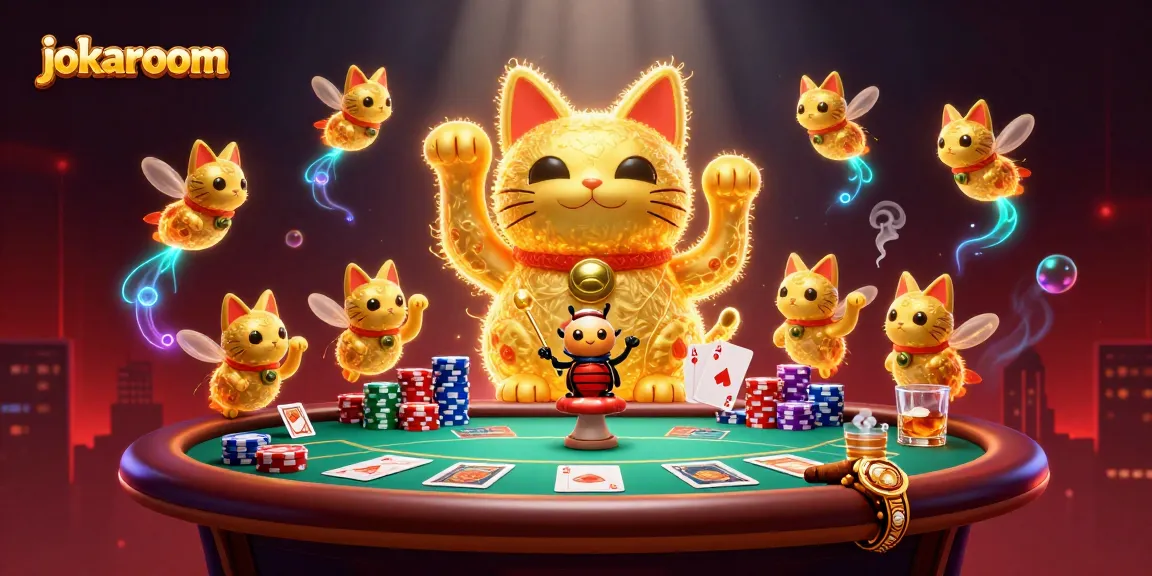 Experience the dynamic thrill of jokaroom with golden fireflies and casino symbols in a vibrant 3D scene.