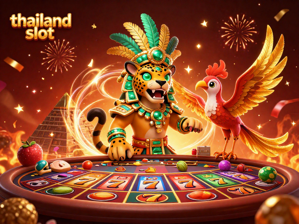 Win big with thailand slot in a vibrant casino scene featuring Mayan priest and quetzal bird.