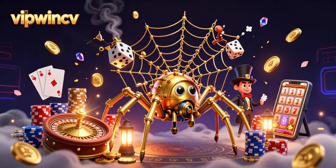 Engage with vipwincv's immersive 3D casino scene showcasing a steampunk spider and fortune.