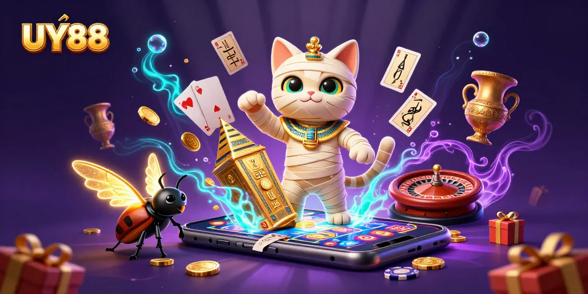 Experience thrilling gaming with UY88's vibrant casino illustration featuring slots and vibrant characters.
