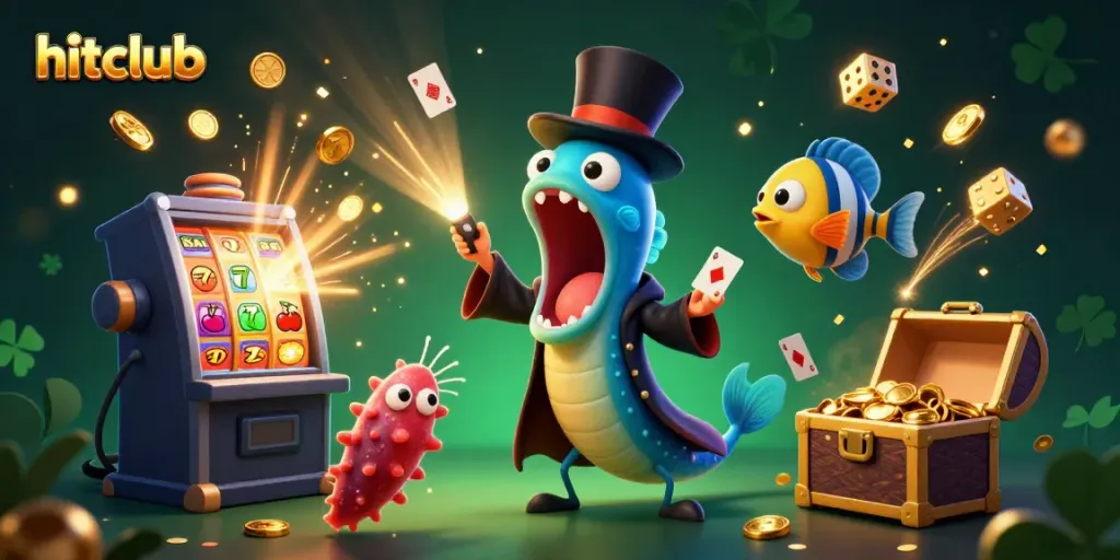 Hitclub's vibrant casino magic scene featuring a bioluminescent eel performing tricks.