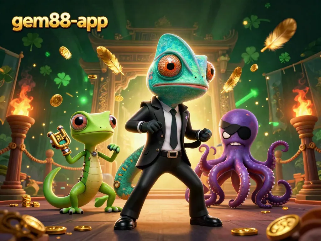 Experience the excitement of gaming with gem88-app, featuring a thrilling scene of colorful characters and dynamic casino elements.