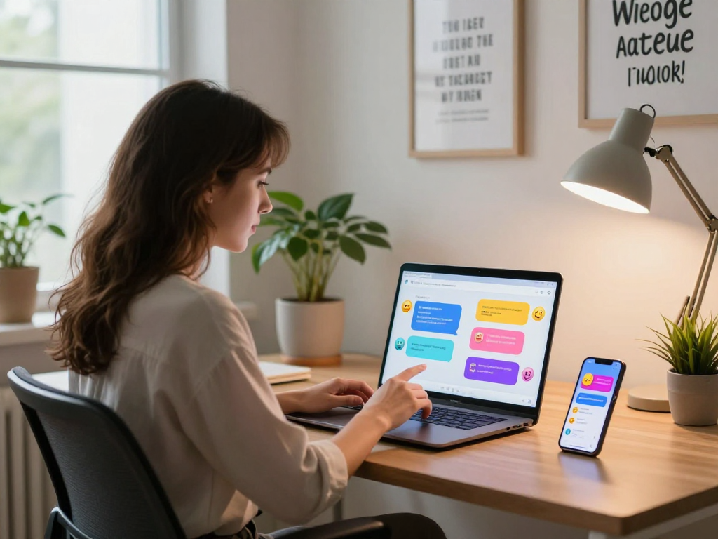 Young woman engaging with AI sex chat application in a modern home office, showcasing vibrant digital interaction.