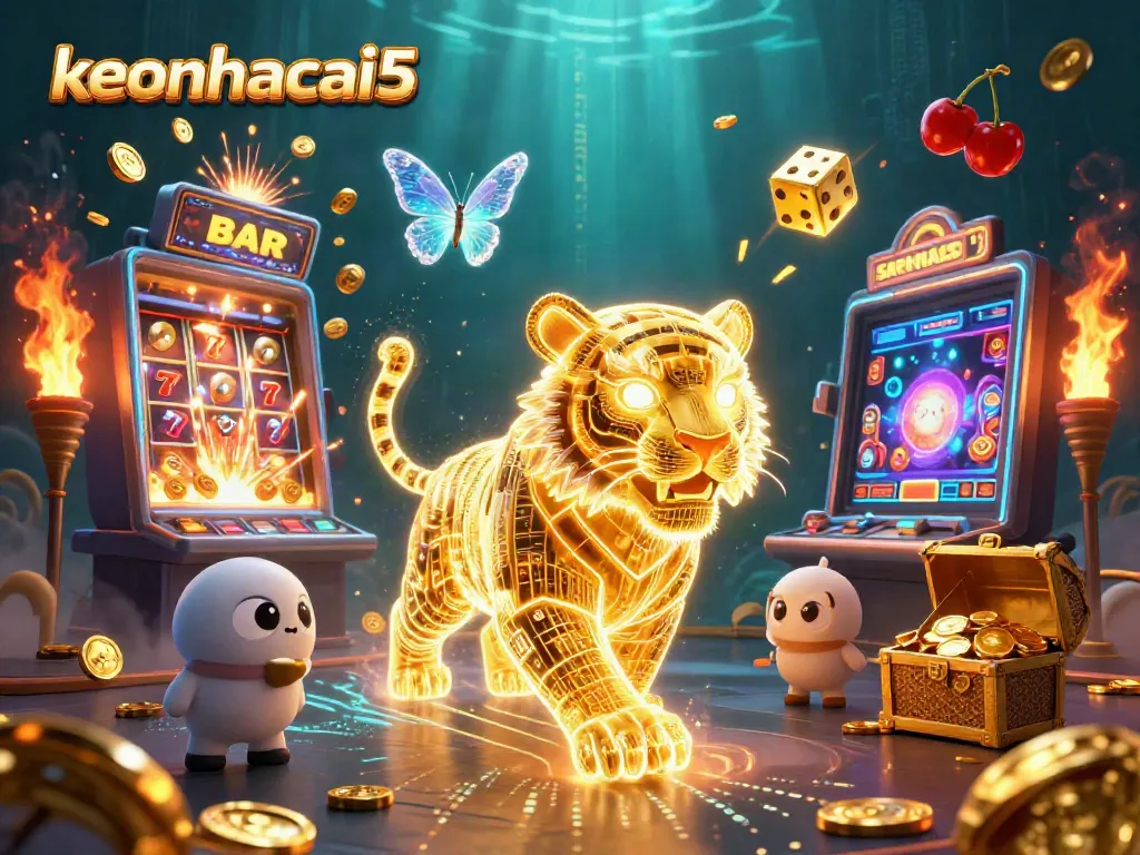 Engage with keonhacai5 as the golden tiger roams a rich digital casino landscape.