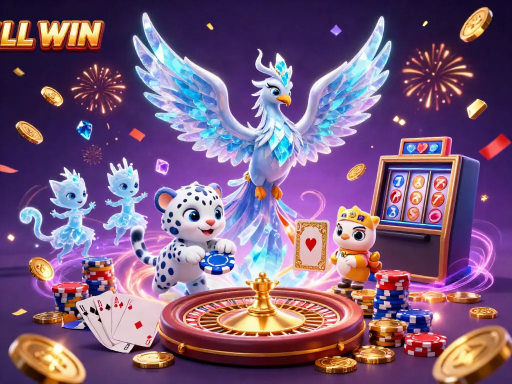 Experience the excitement of LL WIN, featuring a mystical ice phoenix and playful snow leopard in a vibrant casino adventure.