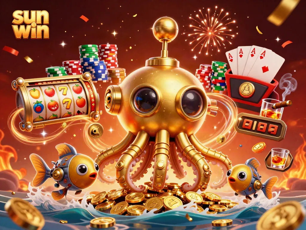 Join the excitement at sun win with a vibrant 3D illustration showcasing casino elements and golden treasures.