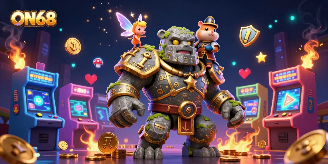Experience the thrill of ON68 with a vibrant gaming scene featuring a golem, fairy, and hamster knight!