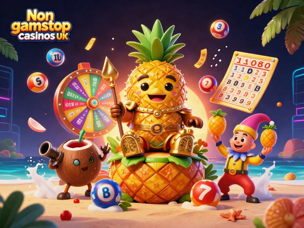Engaging scene of Non gamstop casinos UK featuring a golden pineapple king and his casino entourage.