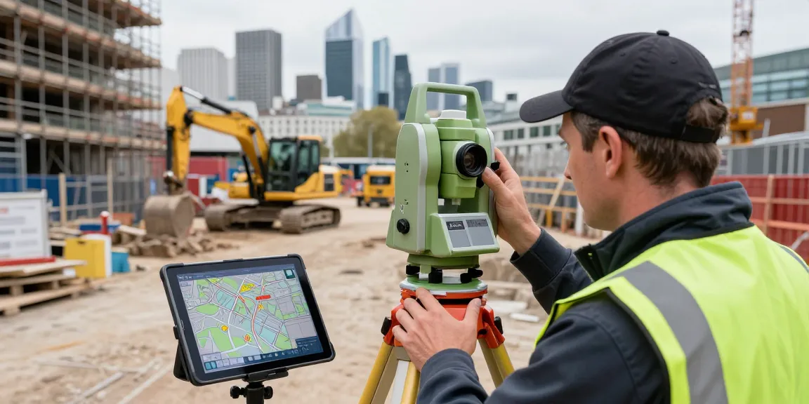 Topographical land surveys London depicted with a surveyor using advanced equipment on a construction site.