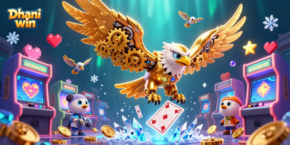 Dive into the thrilling world of Dhani win games with an engaging 3D illustration featuring an eagle and vibrant gaming elements.
