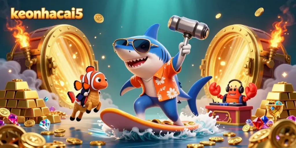 Engage with keonhacai5 through a vibrant, gold-filled underwater casino scene featuring lively characters and dynamic elements.