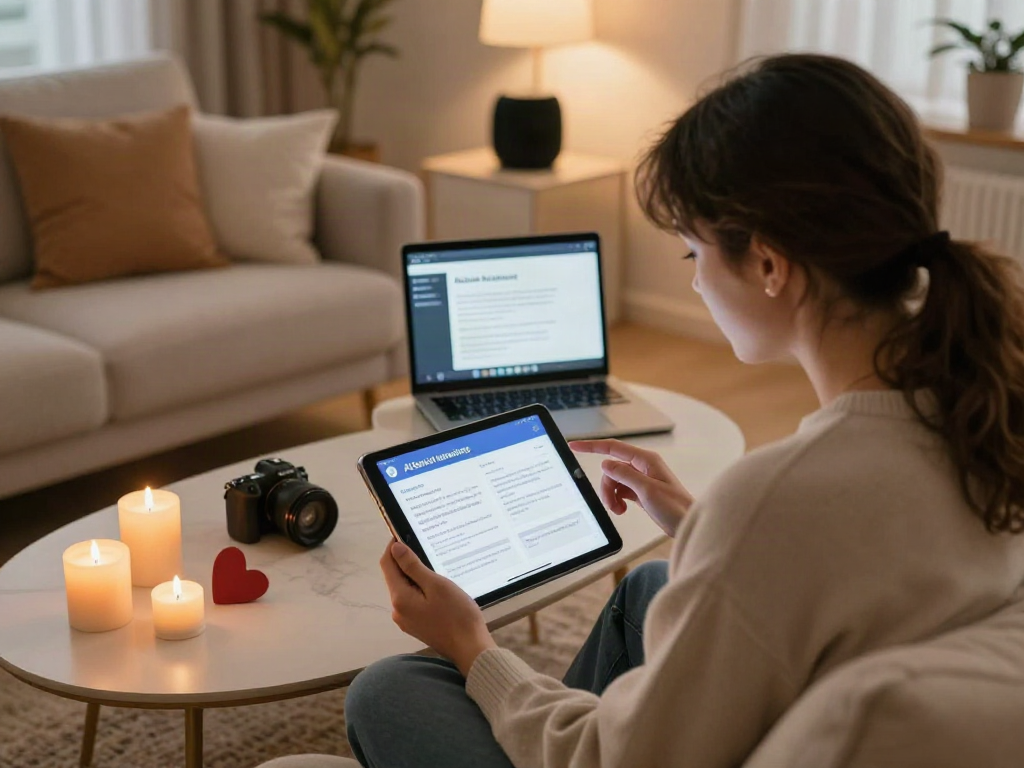 Couple discussing AI sex technology app in an intimate home setting with warm ambiance.
