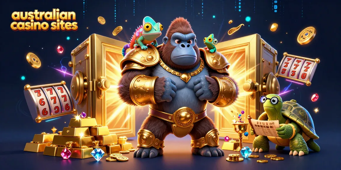 A powerful gorilla and a chameleon depict vibrant australian casino sites, showcasing slot reels and treasures.
