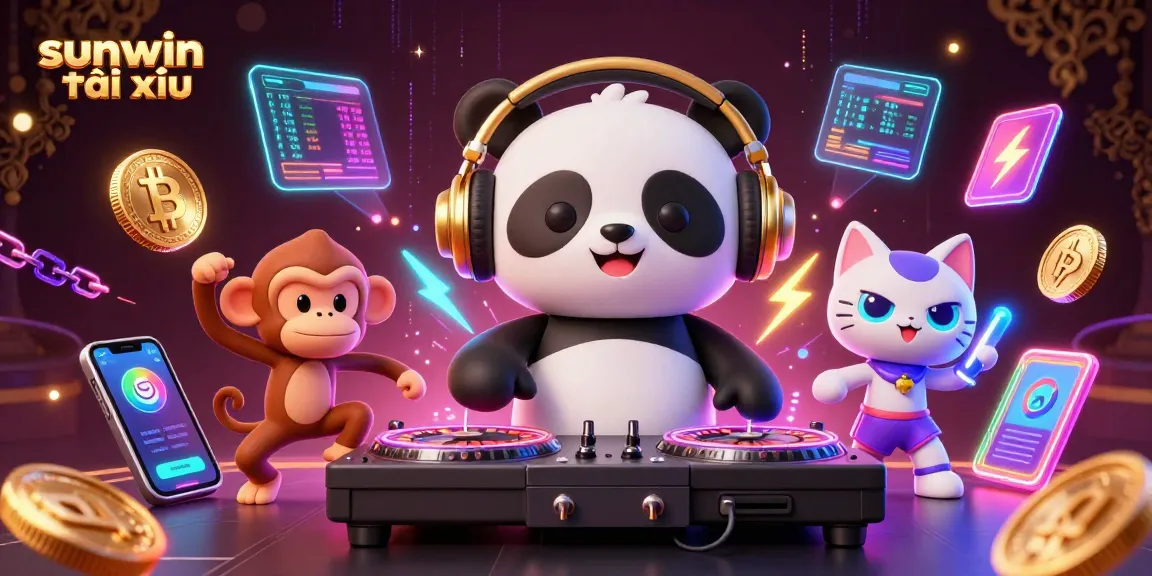 Experience sunwin tài xỉu excitement with DJ panda, breakdancing monkey, and rave kitten in a vibrant casino scene.