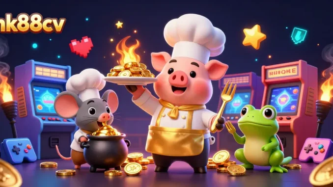 Experience the thrill of nk88cv with 3D characters showcasing a vibrant casino scene filled with gold coins.