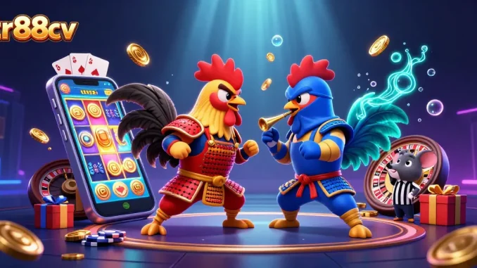 Engage with tr88cv's thrilling gaming world featuring roosters competing amid vibrant casino elements.
