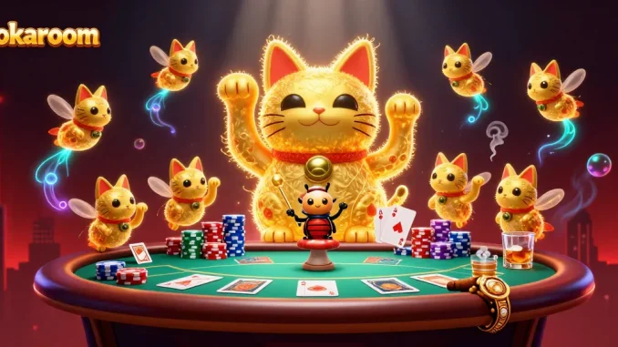 Experience the dynamic thrill of jokaroom with golden fireflies and casino symbols in a vibrant 3D scene.