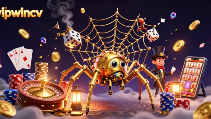 Engage with vipwincv's immersive 3D casino scene showcasing a steampunk spider and fortune.