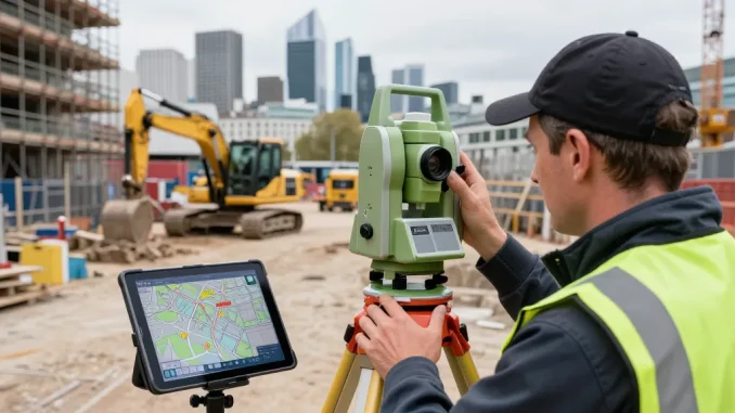 Topographical land surveys London depicted with a surveyor using advanced equipment on a construction site.