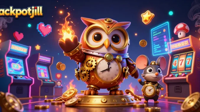 Engage with jackpotjill's exciting slot jackpot scene featuring a time-traveler owl and vibrant casino elements.