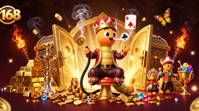 Play casino games at f168, featuring an extravagant caterpillar and golden treasures.