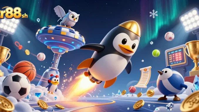 Bet on adventure at tr88 sh with a golden penguin rocket racing past a casino in space.