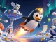Bet on adventure at tr88 sh with a golden penguin rocket racing past a casino in space.