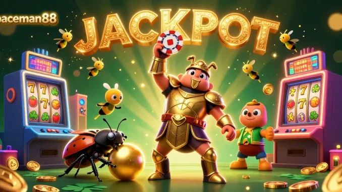 Experience spaceman88's jackpot thrill with vibrant 3D slots and winning characters in a lively illustration.