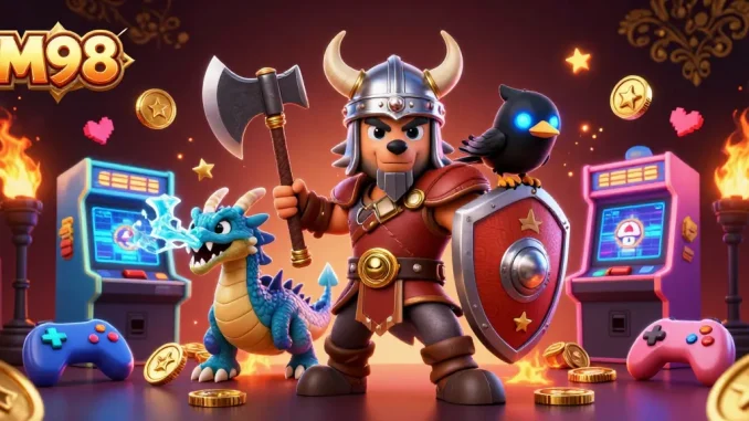 M98's immersive 3D illustration showcases a Viking wolf warrior with a fierce dragon and a glowing raven amid vibrant casino game elements.
