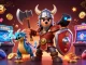 M98's immersive 3D illustration showcases a Viking wolf warrior with a fierce dragon and a glowing raven amid vibrant casino game elements.