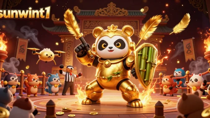 Engage with sunwint1's exciting casino scene featuring a mech-suit panda amid dynamic gambling elements.
