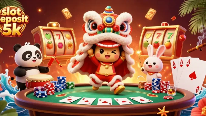 Engage with thrilling slot deposit 5k action as colorful characters perform at a lively casino scene.