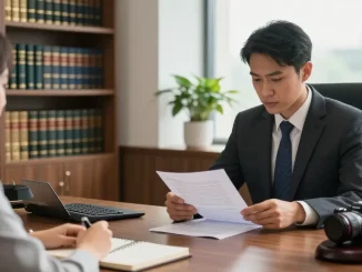 Law consultation with attorney reviewing documents and client listening at a desk in a modern office, highlighting site web for legal services.